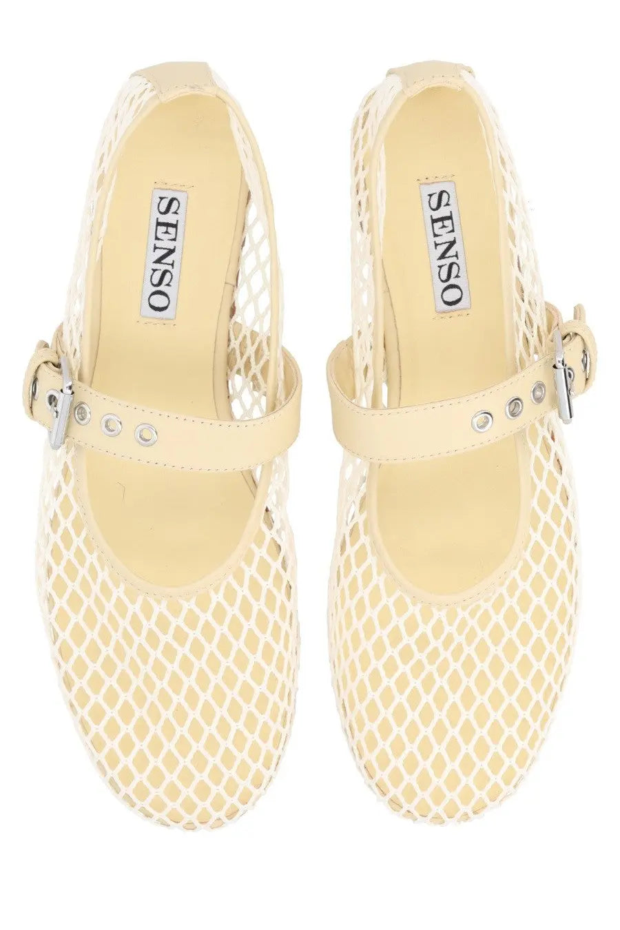 Senso women’s ballerina carina white cream-colored mesh mary jane flats with leather strap and silver buckle
