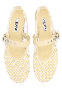 Senso women’s ballerina carina white cream-colored mesh mary jane flats with leather strap and silver buckle