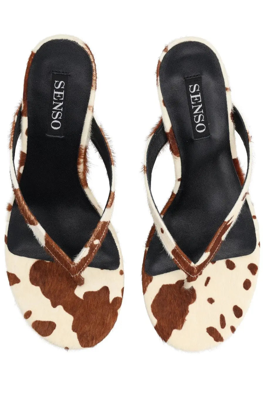 Senso women’s sandalo farah con tacco pattern mule sandals in brown and cream cowhide with black leather insole
