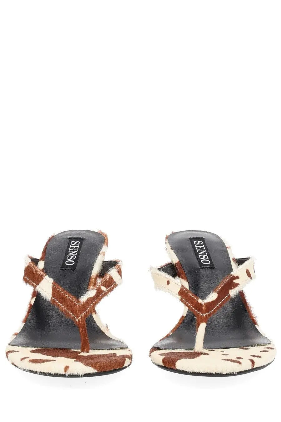 Senso women’s sandalo farah con tacco mule sandals with brown and white cowhide pattern and black insole