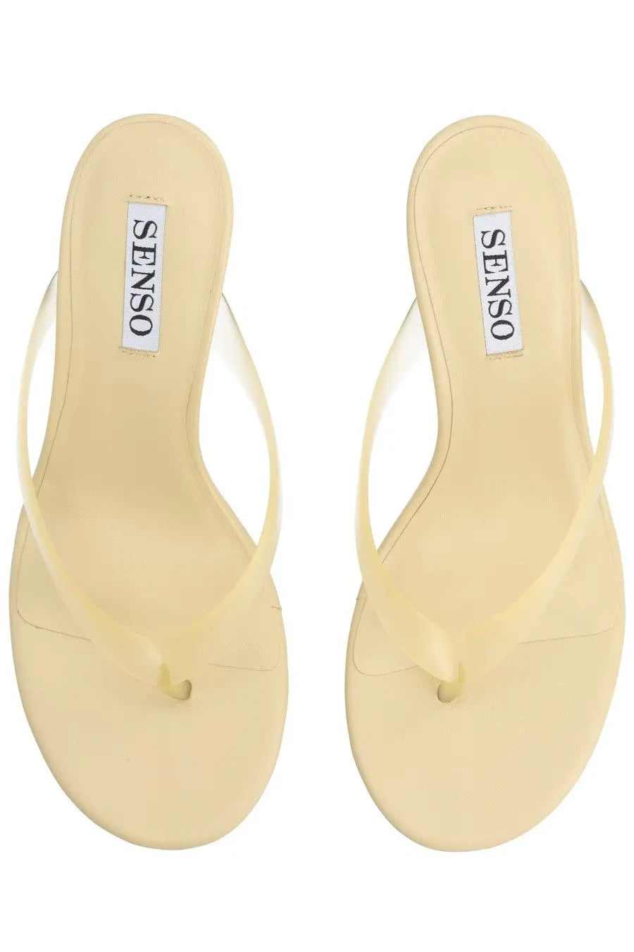 Cream-colored senso women’s sandalo flowe con tacco flip-flops with translucent strap and smooth glossy finish