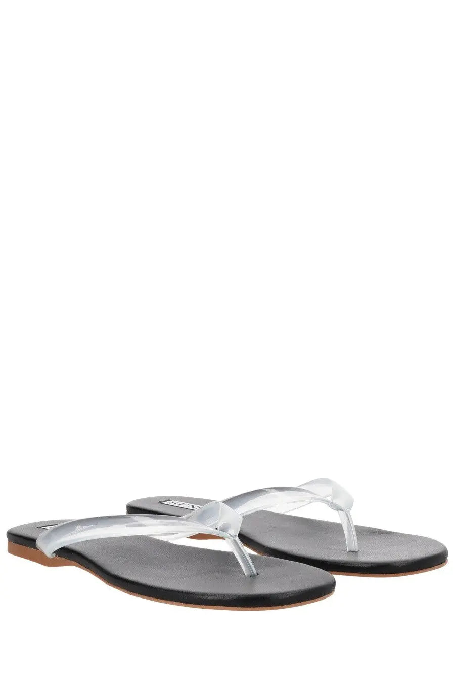 Clear plastic thong sandals with black rubber soles and subtle brand tag on the heel by senso women