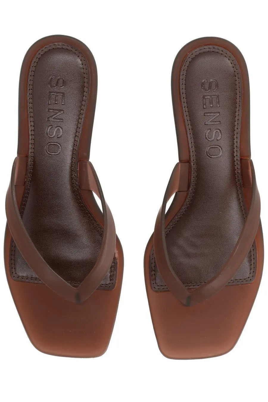 Senso women’s Sandalo Sonya Con Tacco brown leather flip-flops with square toe and minimalist design