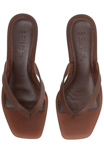 Senso women’s Sandalo Sonya Con Tacco brown leather flip-flops with square toe and minimalist design