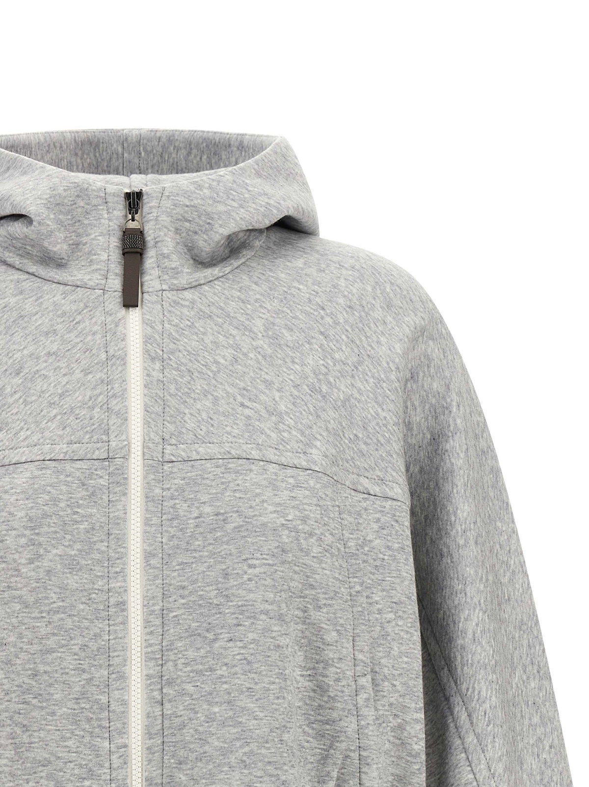 Brunello Cucinelli Shiny Zipper Pull Cropped Hoodie Grey