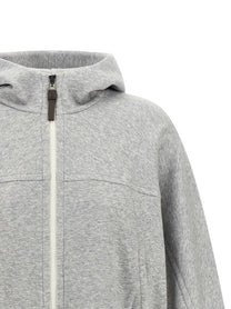 Brunello Cucinelli Shiny Zipper Pull Cropped Hoodie Grey