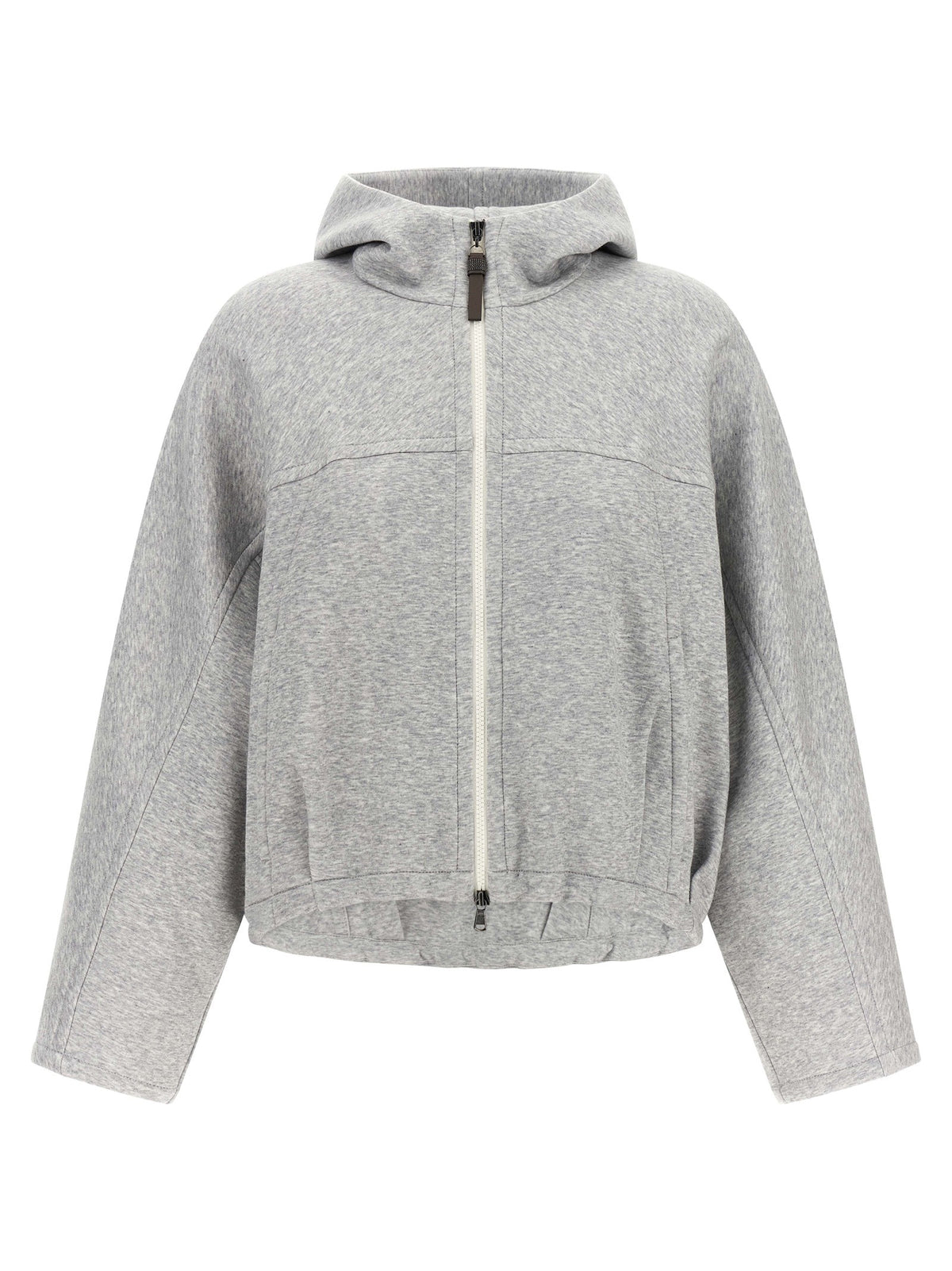 Brunello Cucinelli Shiny Zipper Pull Cropped Hoodie Grey