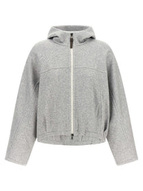 Brunello Cucinelli Shiny Zipper Pull Cropped Hoodie Grey