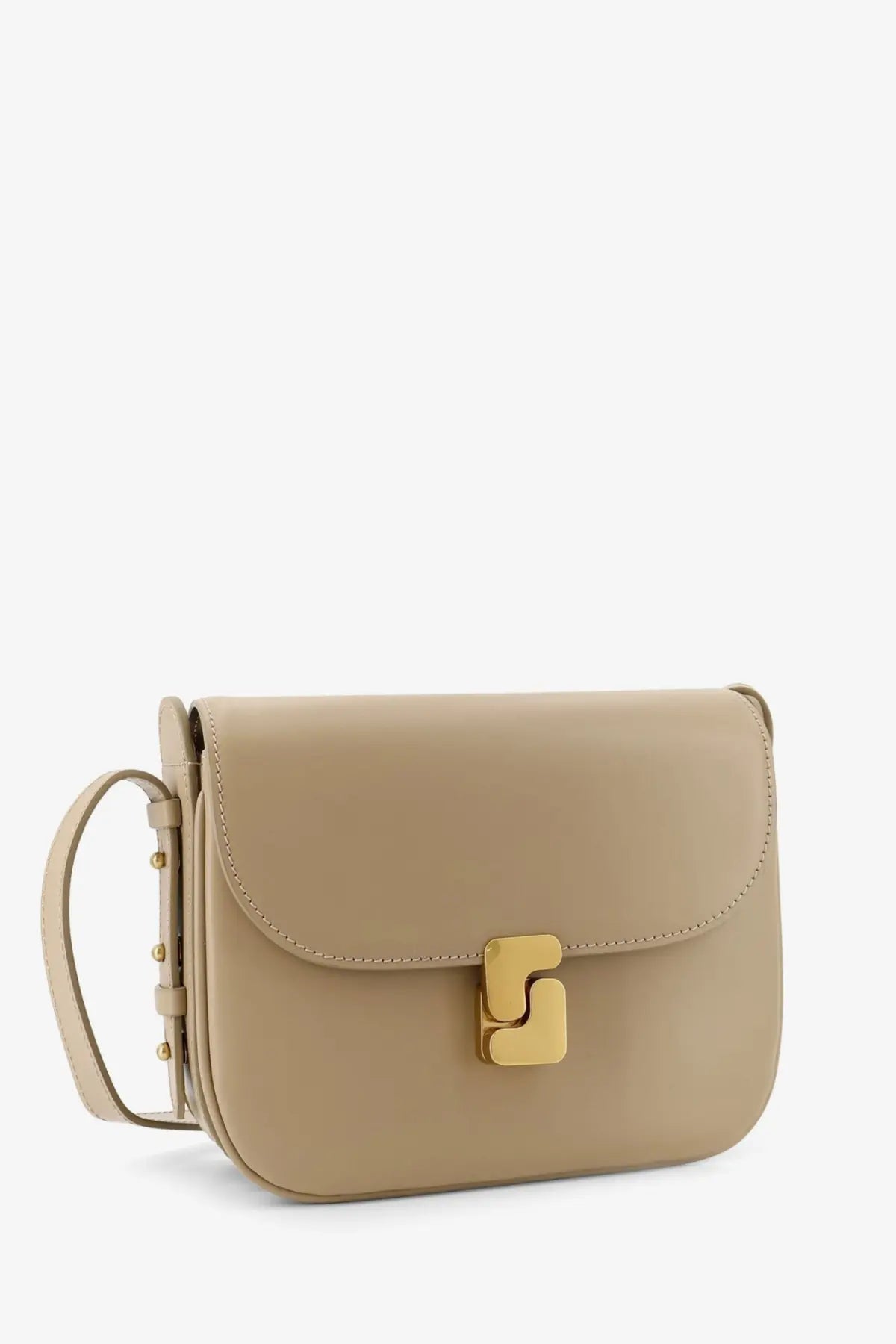 Beige leather crossbody bag with gold-tone s-shaped clasp and adjustable strap from soeur womens bellissima mini collection