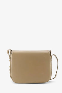 Beige leather crossbody bag with gold-tone hardware and minimalist design from Soeur womens Bellissima mini collection