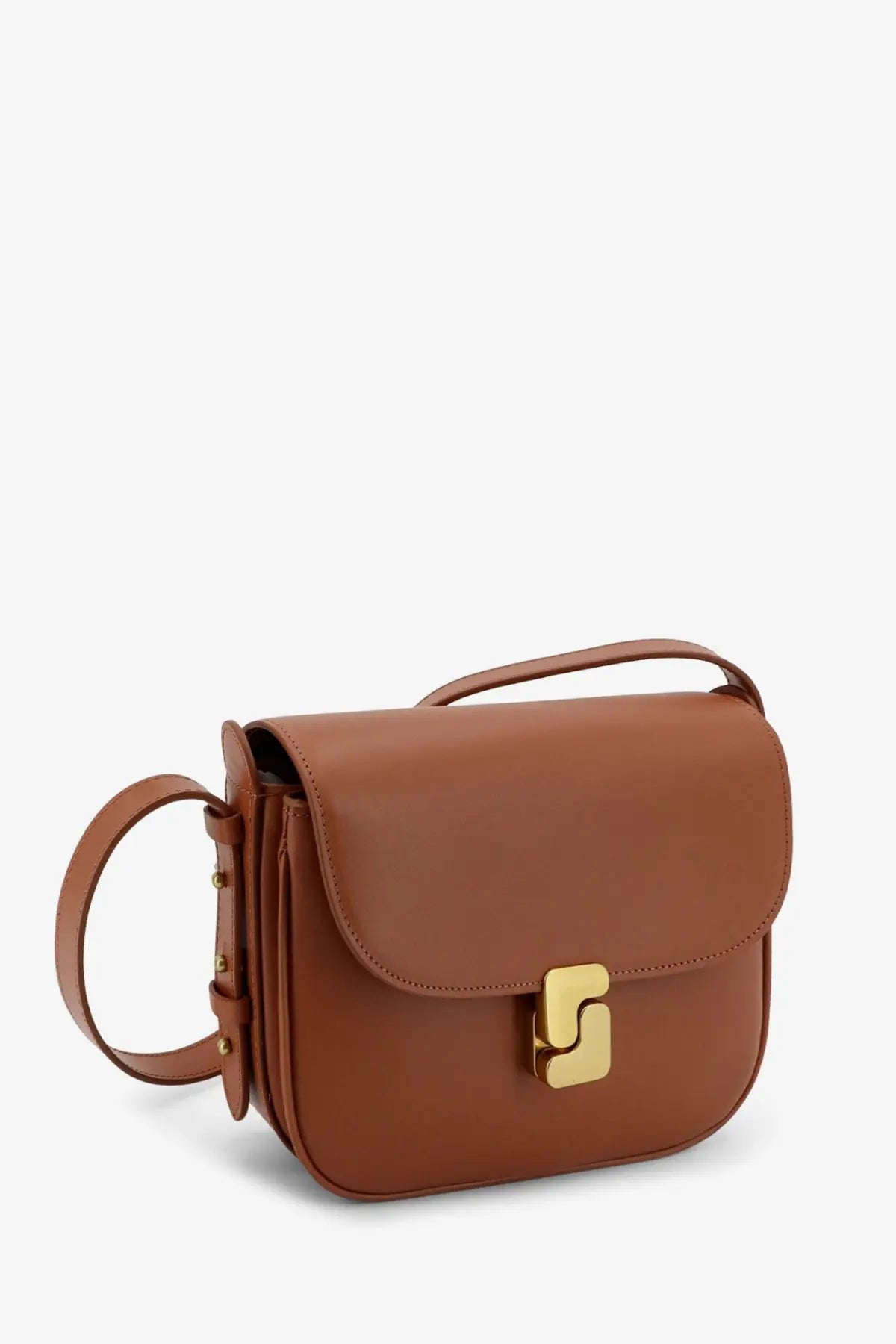 Soeur women’s bellissima mini leather crossbody bag in brown with gold geometric clasp and adjustable strap
