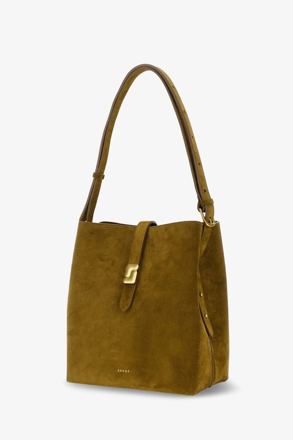 Olive suede bucket bag with gold tone buckle and leather strap featured in soeur womens bello suede shoulder bag beige