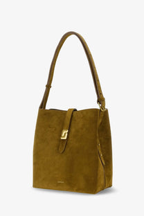 Olive suede bucket bag with gold tone buckle and leather strap featured in soeur womens bello suede shoulder bag beige