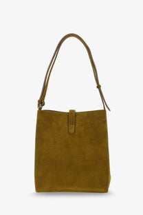 Soeur women’s bello olive green suede bucket bag with single top flap closure and adjustable shoulder strap