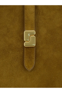 A sleek gold-toned metal clasp with geometric design set into the tan suede strap of soeur women’s bello suede shoulder bag beige