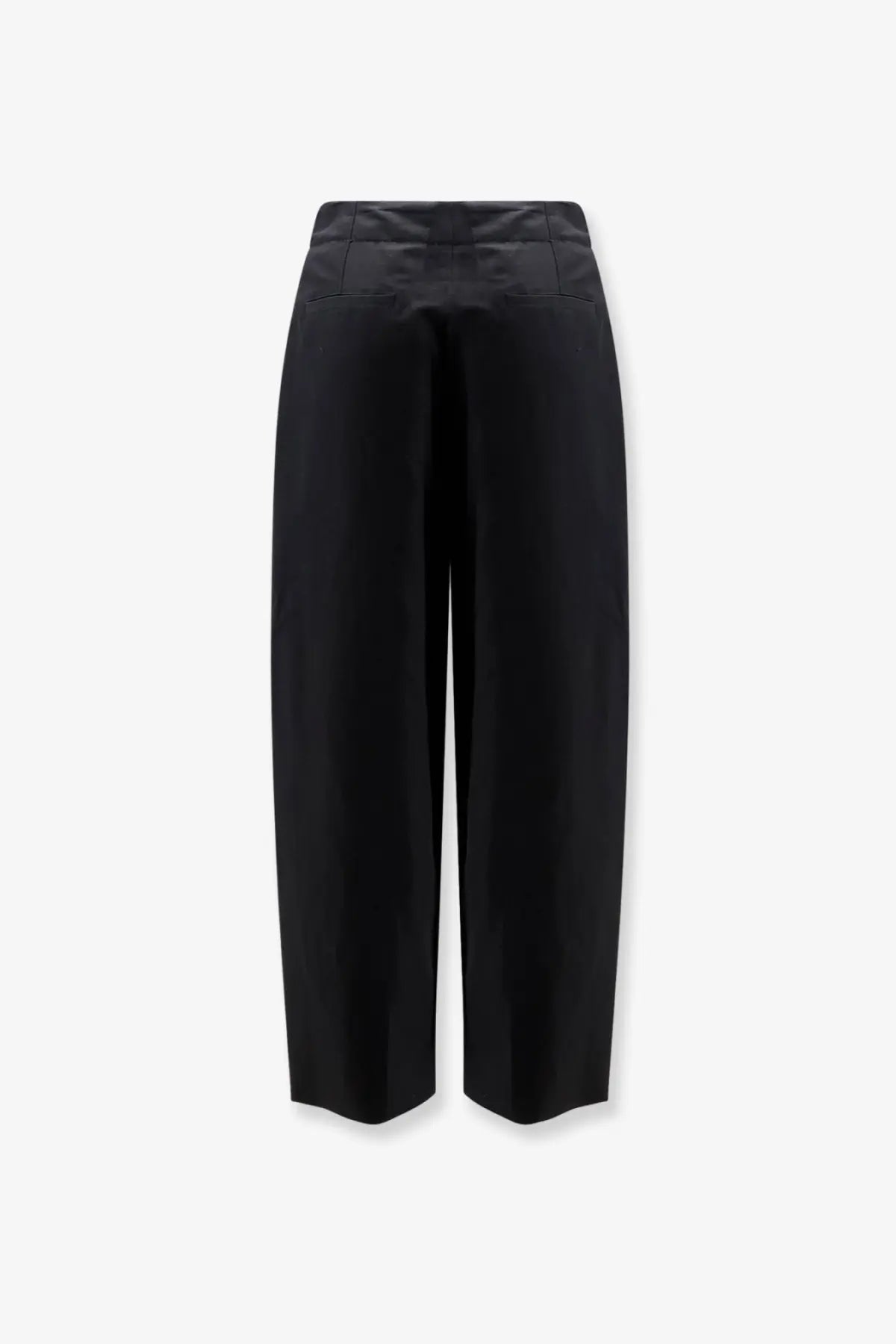 Black high-waisted wide-leg trousers with a sleek tailored silhouette made of organic cotton and linen by Soeur