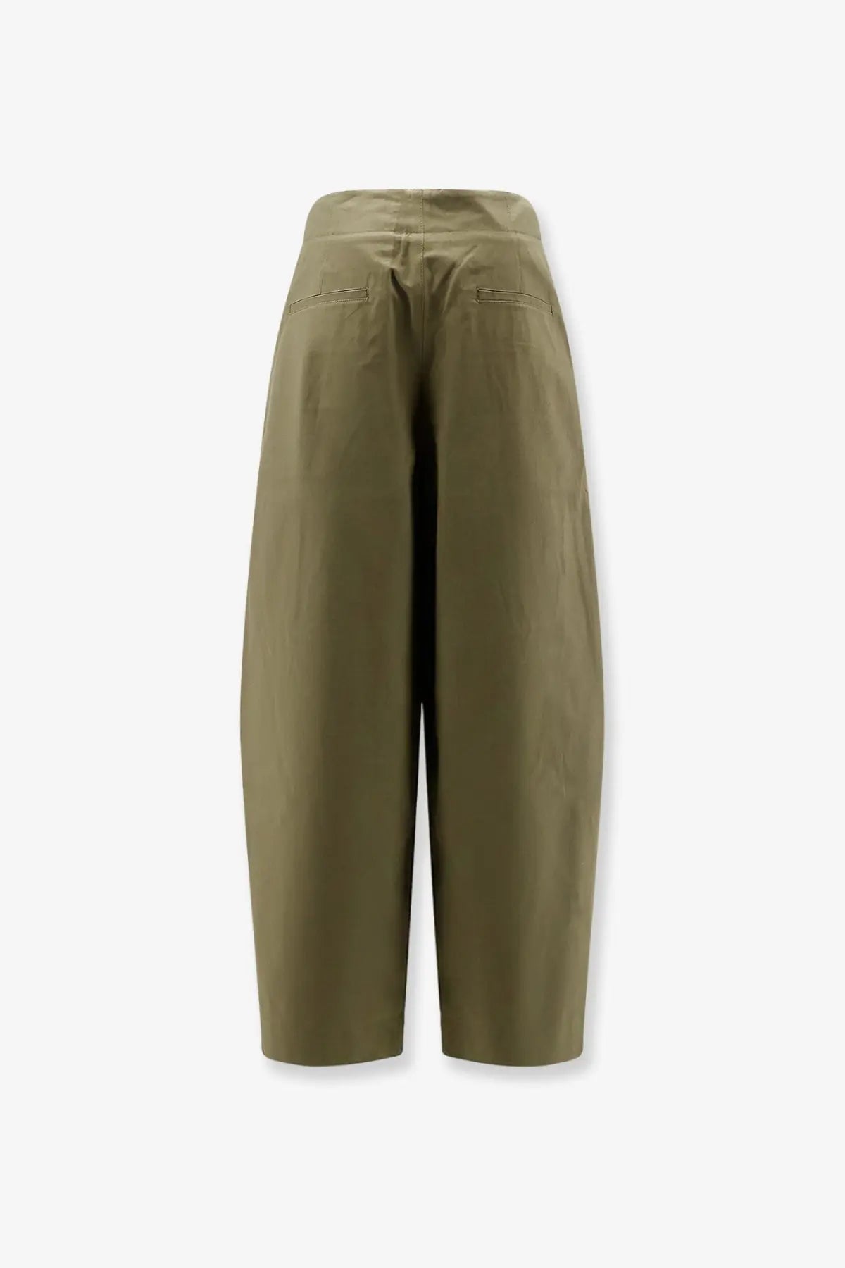Olive green high-waisted wide-leg organic cotton pants with minimalist design and subtle back pockets by soeur shown from back