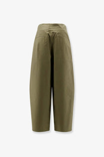 Olive green high-waisted wide-leg trousers with subtle back pockets made from organic cotton by soeur women