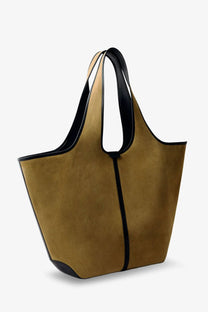 Soeur women’s douce tan suede tote bag with black leather trim and handles in bronze for shoulder wear