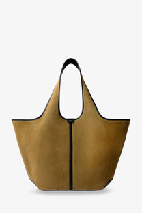 Soeur women’s douce tan suede tote bag with black leather trim and handles in bronze for shoulder carry