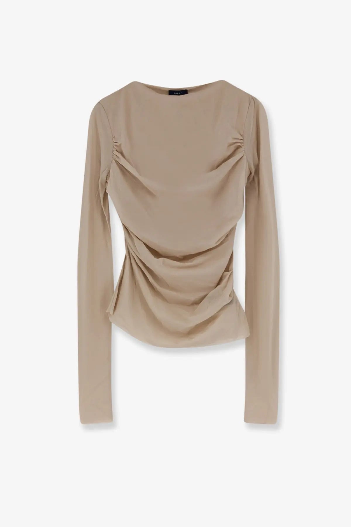 Soeur women’s Gaia beige long-sleeved top with ruched front made from extra fine cotton crêpe in mastic color