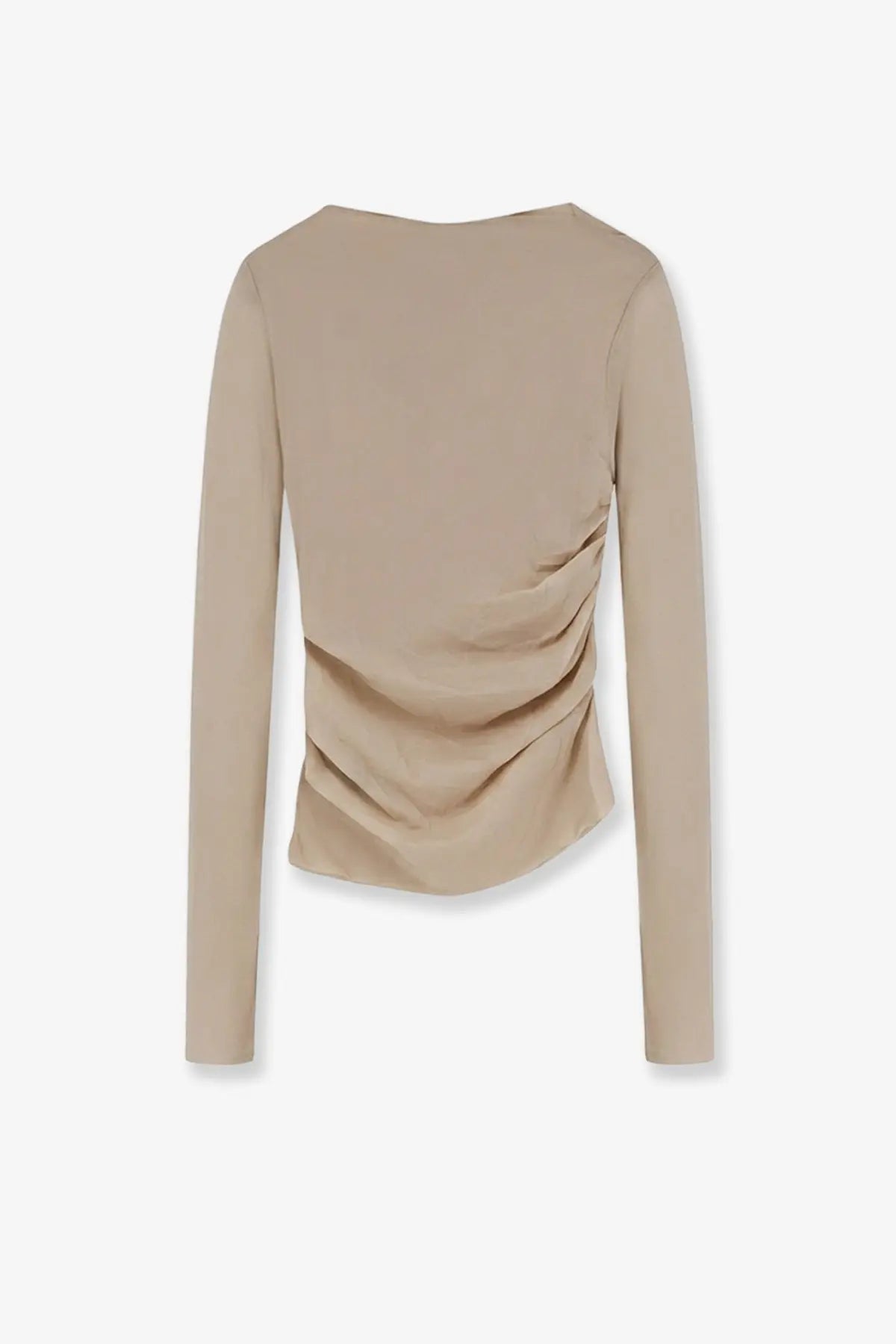 Beige long-sleeved soeur women’s gaia top in extra fine cotton crêpe with ruched back detail shown from the back