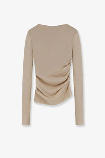 Beige long-sleeved soeur women’s gaia top in extra fine cotton crêpe with ruched back detail shown from the back