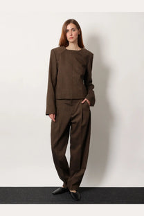 Brown structured blazer with long sleeves relaxed fit made of virgin wool from soeur womens giovana sweater collection