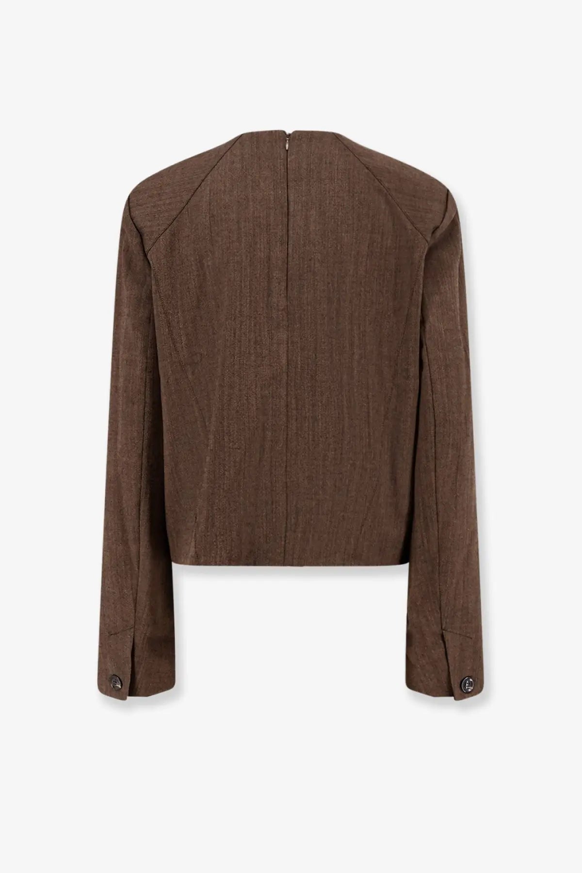 Brown textured blazer with subtle woven pattern and structured shoulders made of virgin wool from soeur women’s giovana sweater collection