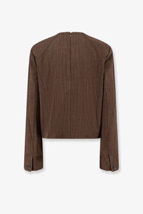 Brown textured blazer with subtle woven pattern and structured shoulders made of virgin wool from soeur women’s giovana sweater collection
