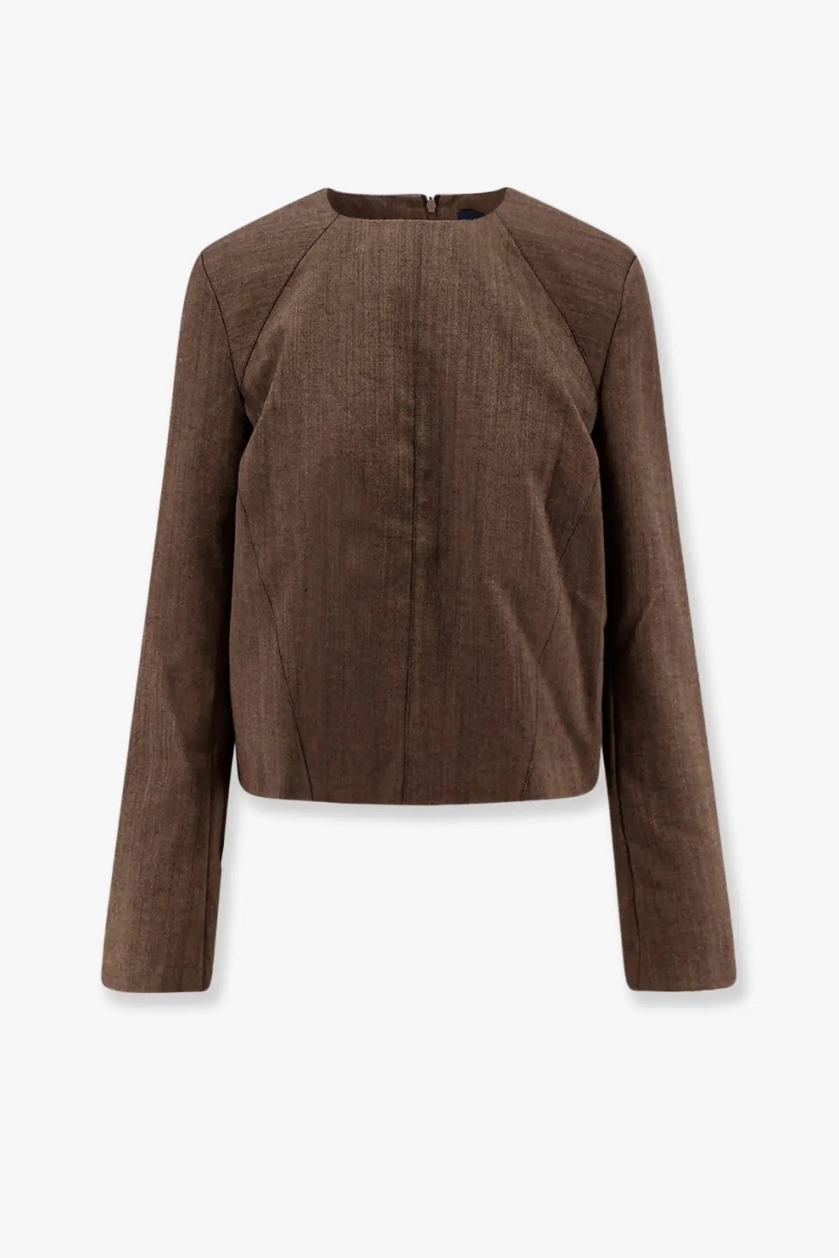 Brown textured linen cropped jacket with long sleeves and rounded neckline from soeur women’s giovana virgin wool sweater brown collection