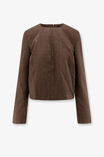 Brown textured linen cropped jacket with long sleeves and rounded neckline from soeur women’s giovana virgin wool sweater brown collection
