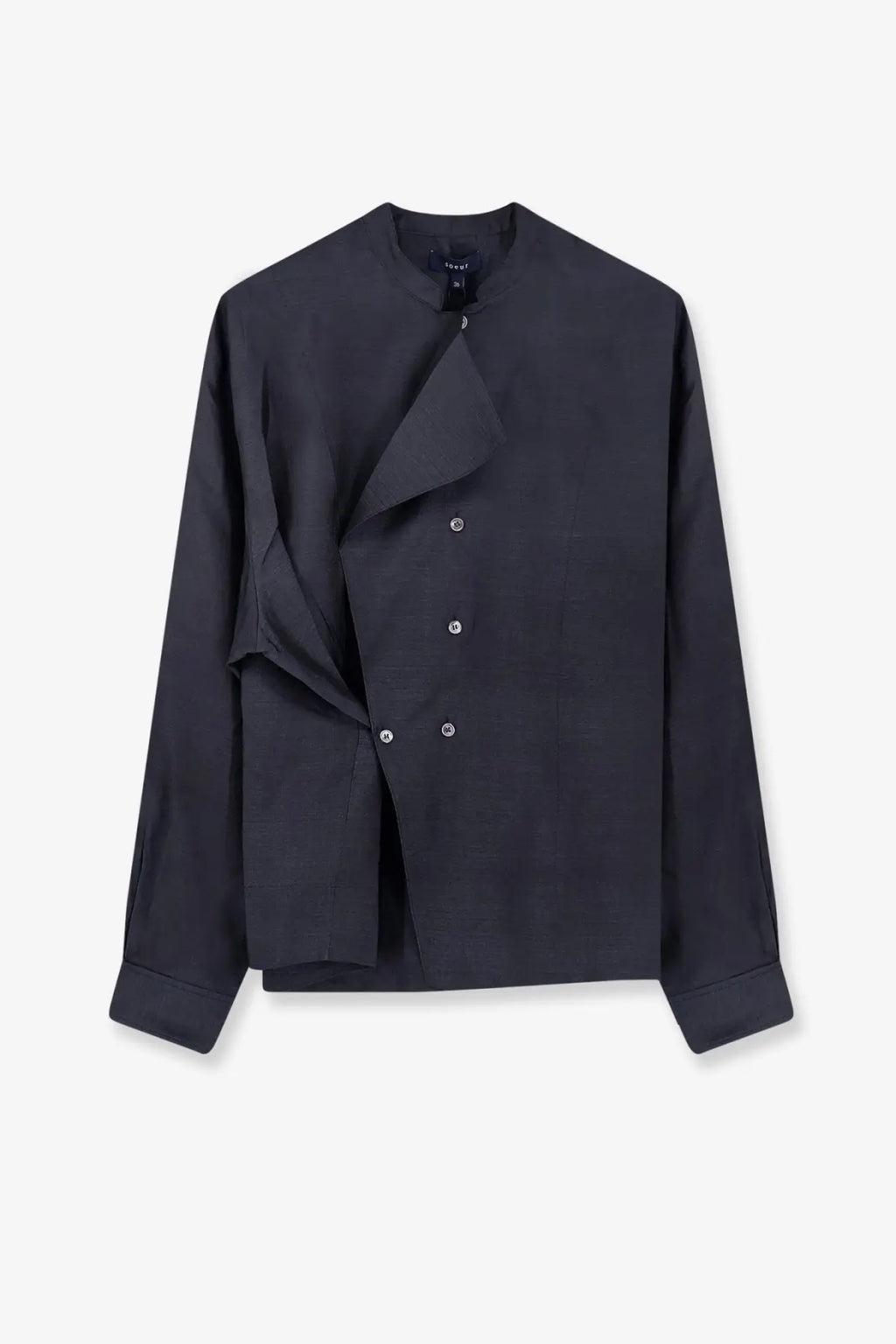 Soeur women’s hampton silk shirt black with long sleeves asymmetrical ruffle and silver buttons