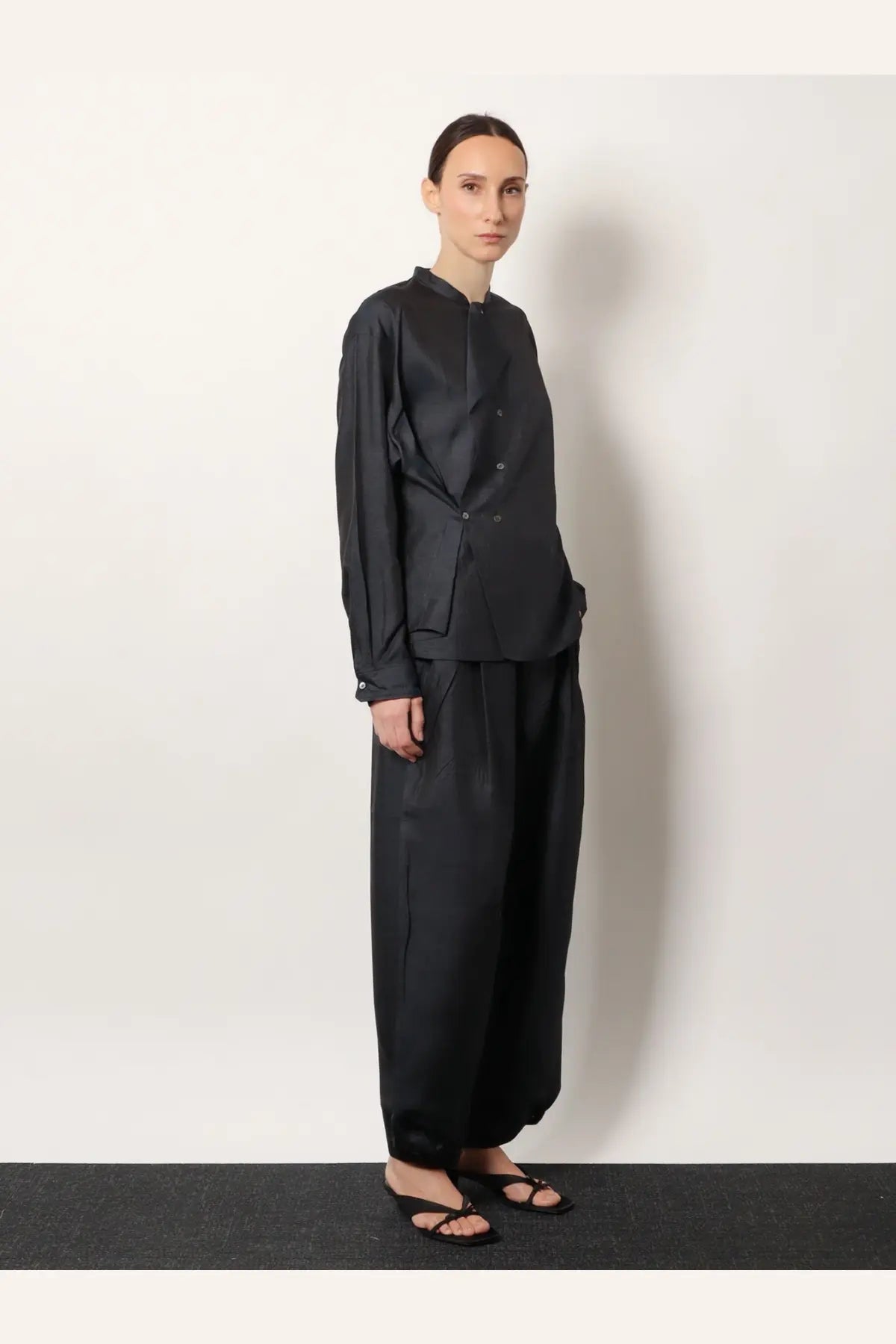 Black satin blouse with high collar and button-front design soeur women’s hampton silk shirt black product image