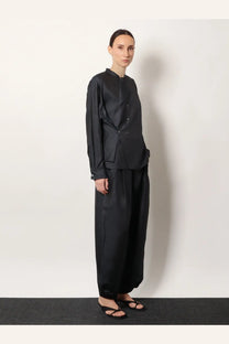 Black satin blouse with high collar and button-front design soeur women’s hampton silk shirt black product image