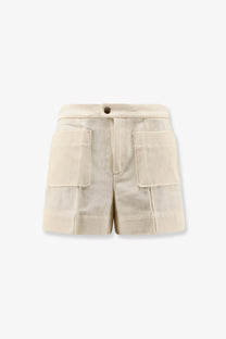Beige creme soeur women’s hover cotton cargo shorts with textured fabric and two large front pockets