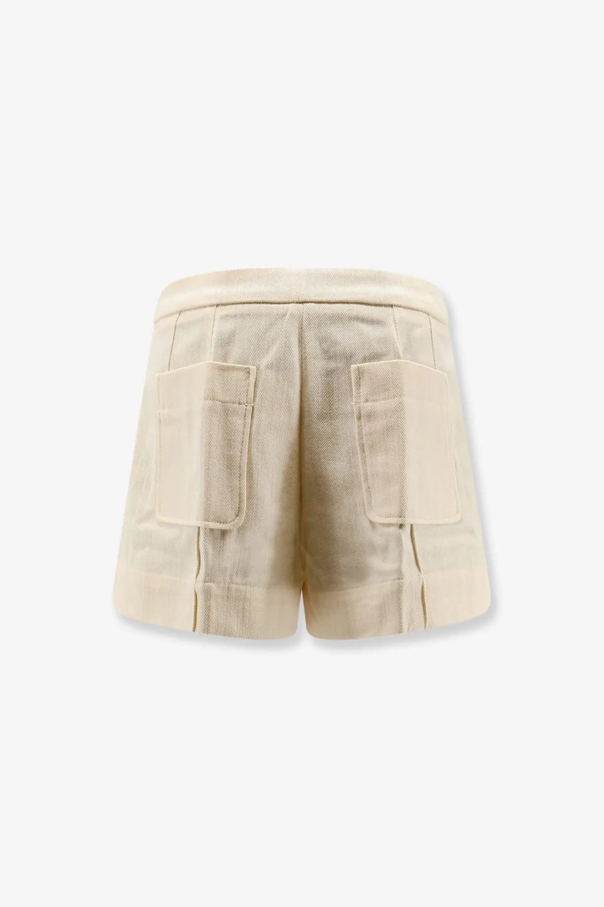 Beige textured cotton shorts for women by soeur with two large patch pockets in crème color
