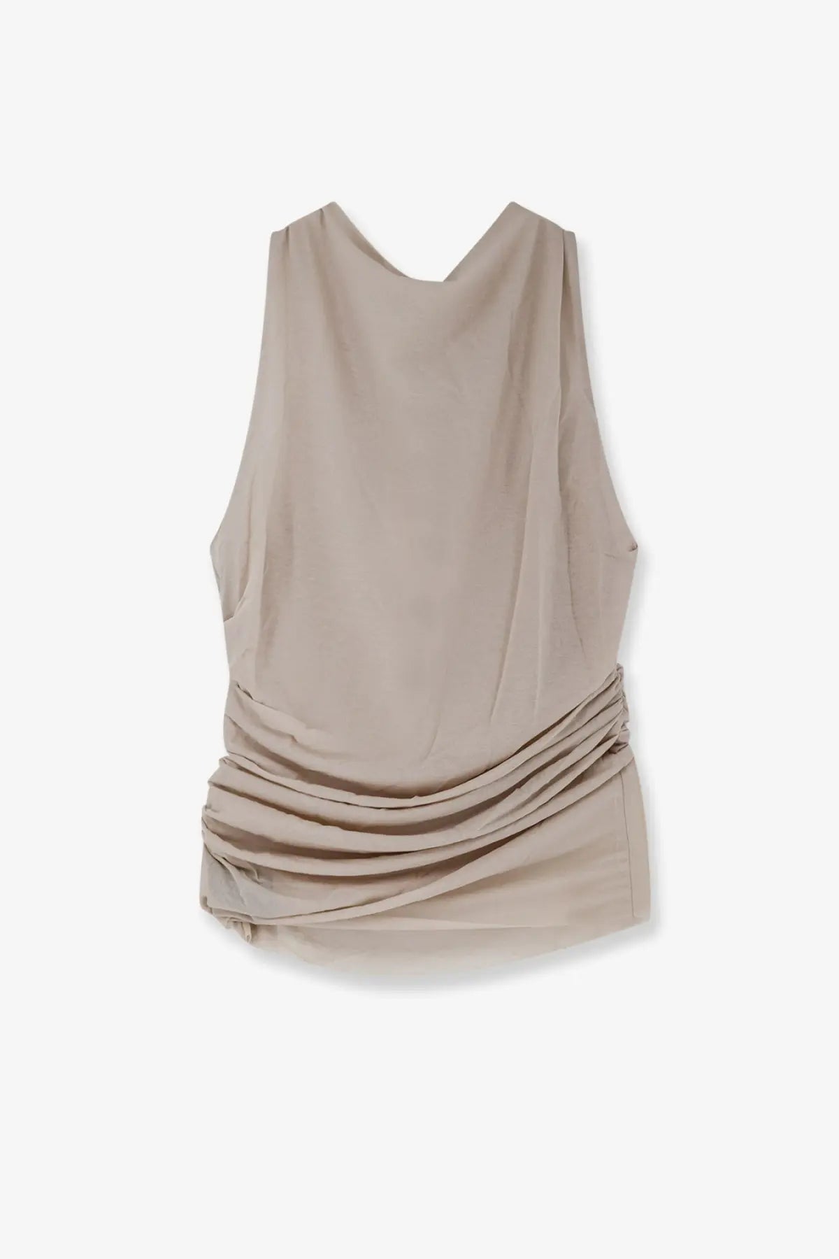 Beige sleeveless soeur women’s irina top with draped ruched hemline made from extra fine cotton crêpe in mastic color