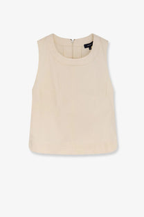 Creme sleeveless cotton top by soeur with rounded neckline and subtle pleats at the back shown in the image