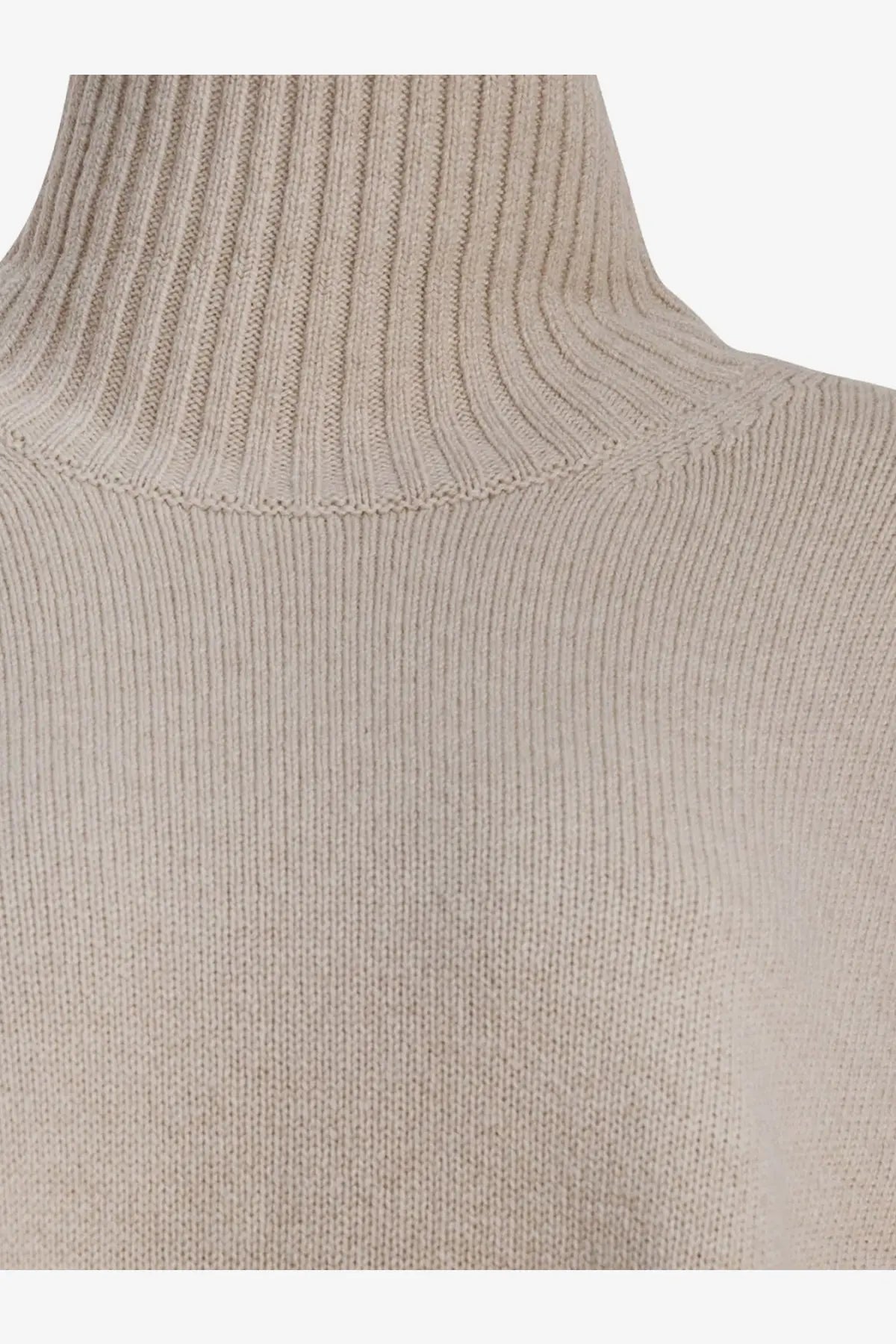 Beige ribbed merino wool turtleneck sweater for women by soeur with fine knit texture in white color