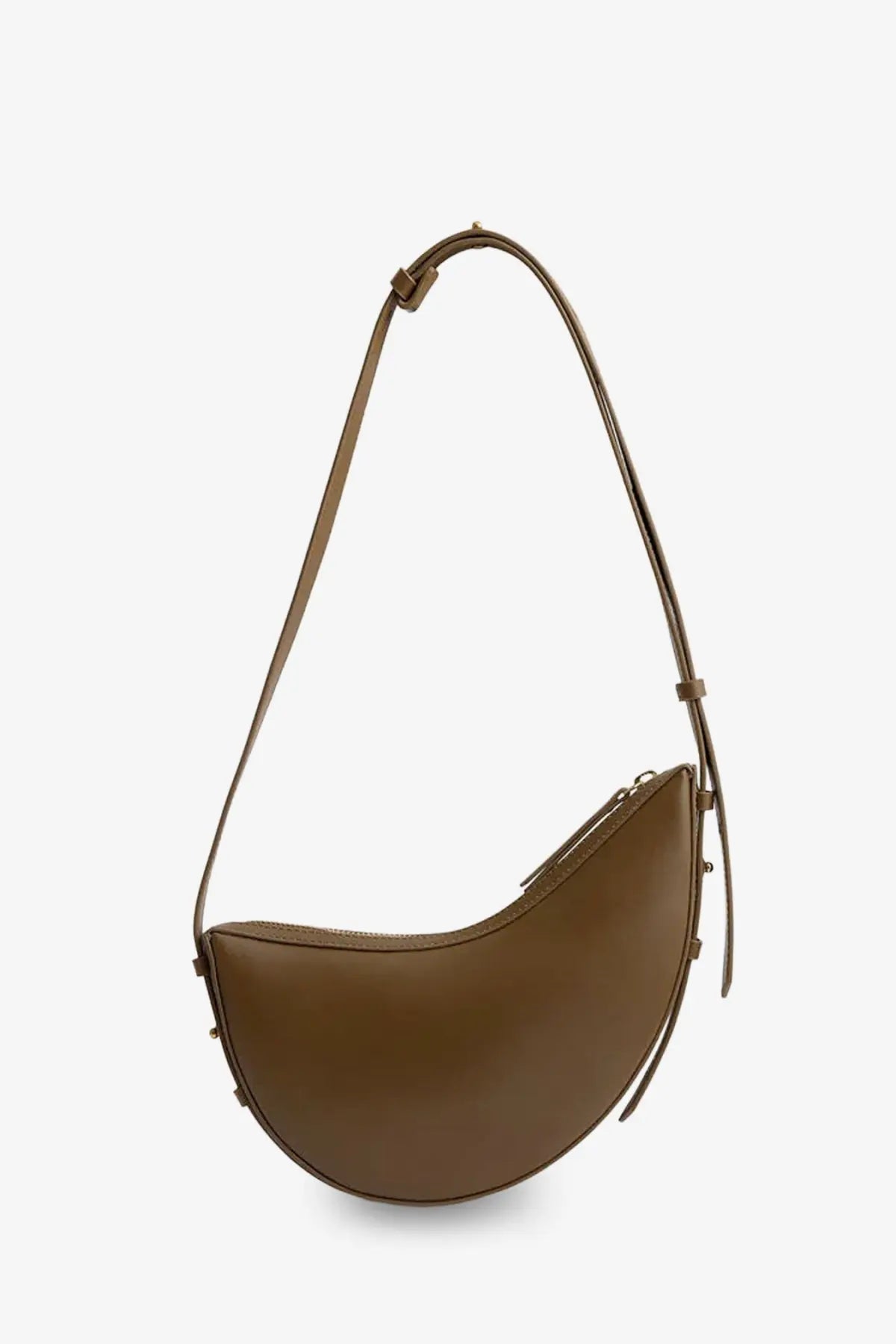 Soeur women’s Wino mini caramel-brown leather crescent crossbody bag with adjustable strap and metallic hardware accents
