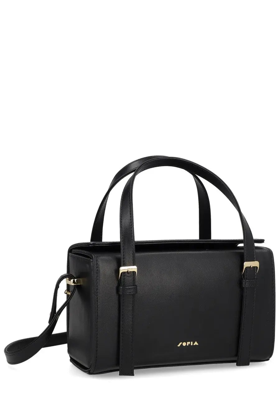 Black leather Sofia women’s mini Belmondo bag in black with gold-tone hardware and minimalist design