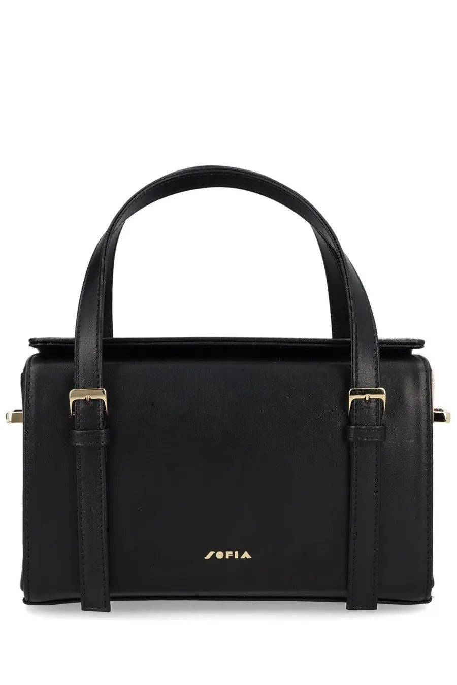 Black leather Sofia women’s mini Belmondo handbag with gold-tone hardware and a minimalist design
