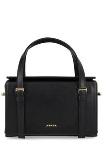Black leather Sofia women’s mini Belmondo handbag with gold-tone hardware and a minimalist design
