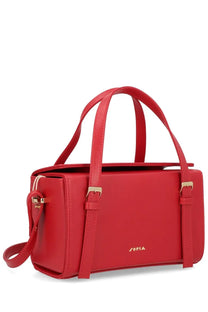 Red Sofia women’s mini Belmondo bag with structured rectangular shape and gold-tone hardware