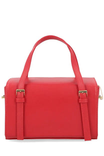 Sofia women’s mini Belmondo bag red is a vibrant red rectangular handbag with smooth leather finish and gold-tone buckles