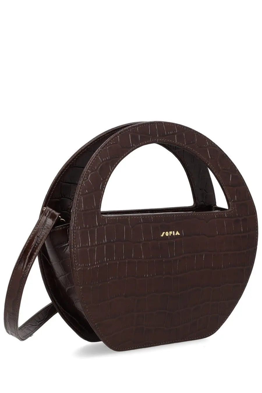 Brown crocodile-embossed circular handbag with gold-tone sofia logo on front from sofia women’s mini edda bag collection