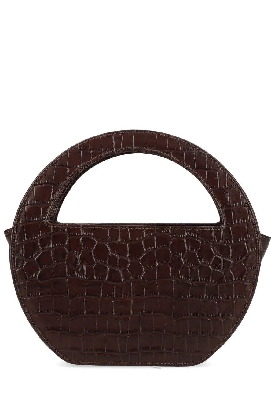 Sofia women’s mini edda bag brown featuring dark brown crocodile-embossed leather with circular shape and arched top handle