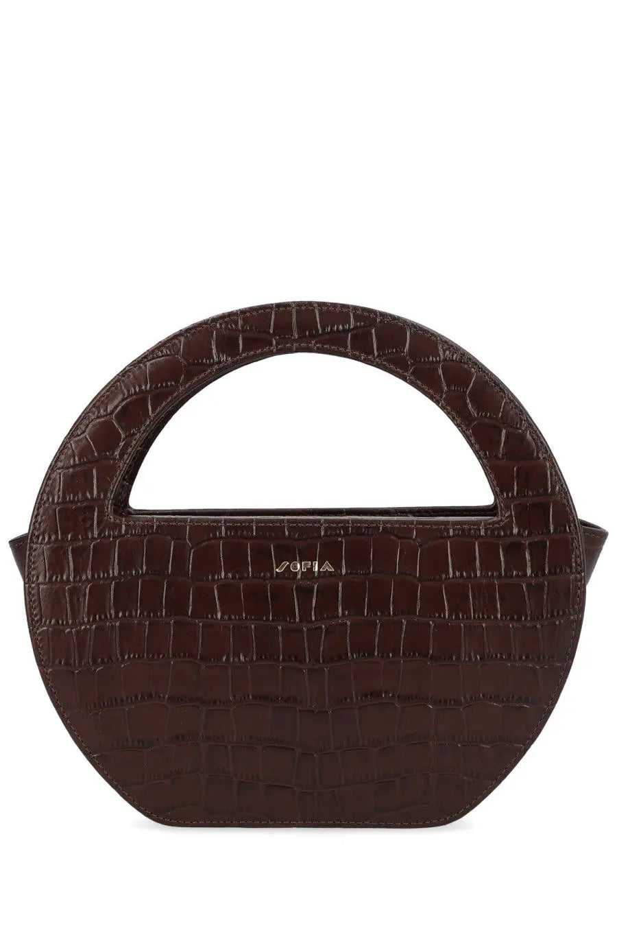 A sleek circular brown crocodile-embossed mini handbag with minimalist design and sofia branding on front