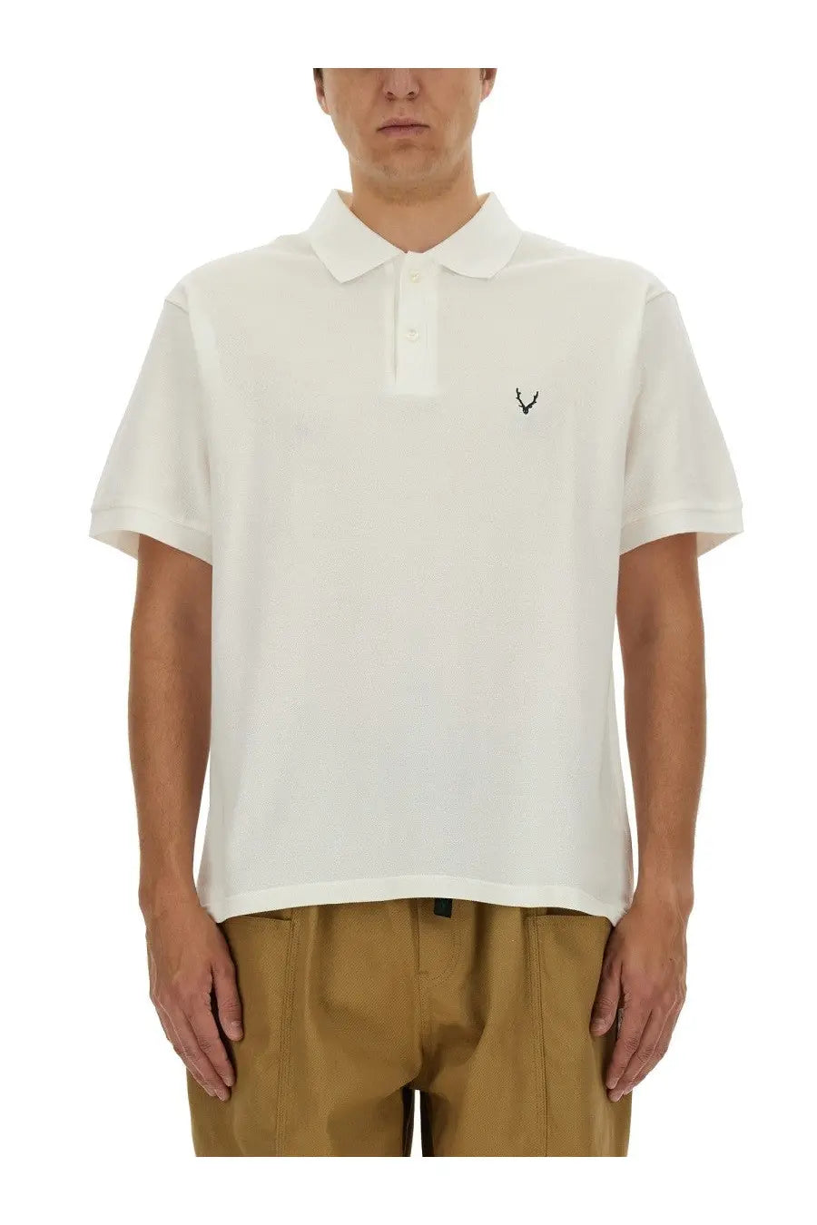 South2 West8 men’s white cotton polo shirt with small black embroidered logo on the left chest